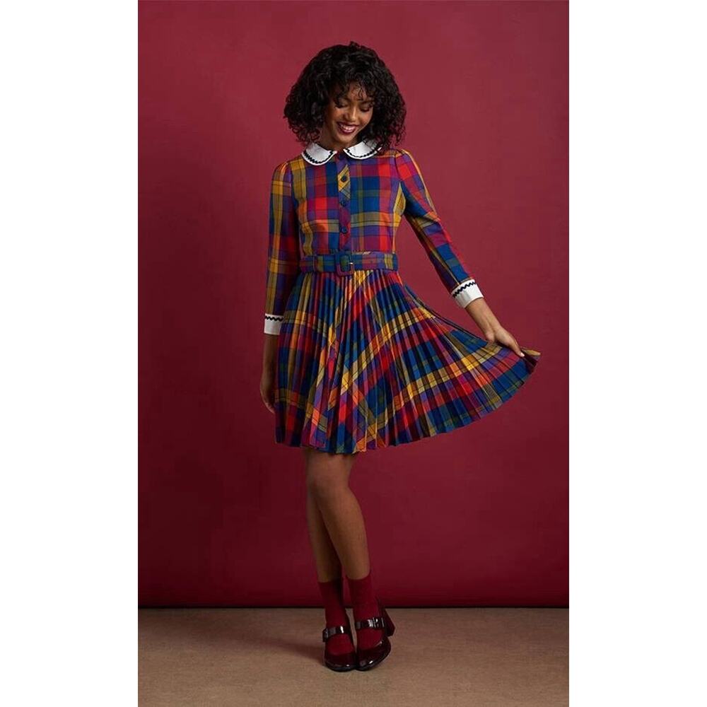 ModCloth Ric Rack Vintage Inspired Plaid Pleated Dress Size 16W
